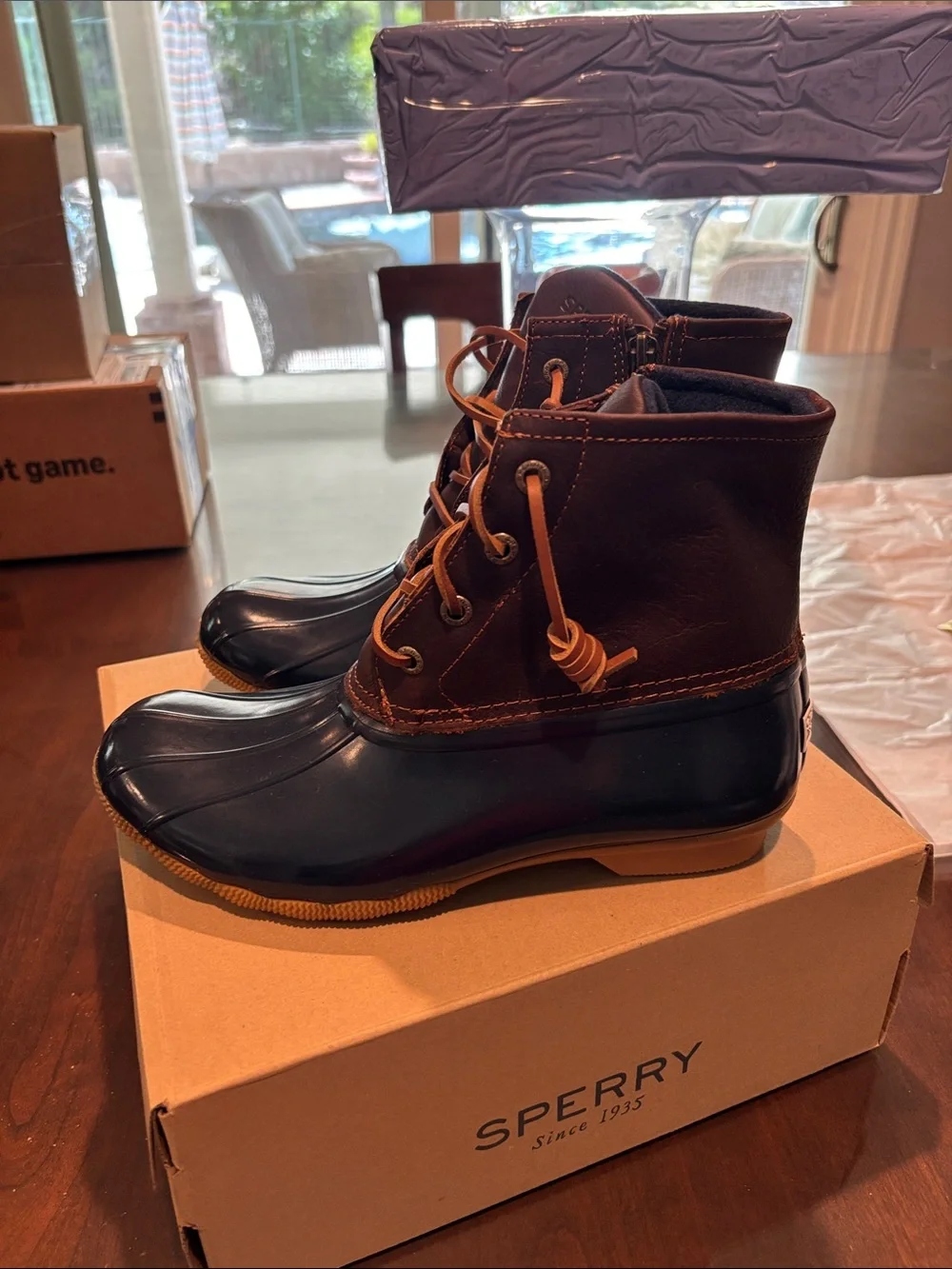 Sperry Saltwater Navy Blue and Brown Women's Winter Rain Duck Boots